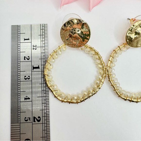 Gold Tone Beaded Circle Earrings Hammered Brutalist Primitive Boho Bohemian Glam - Picture 5 of 6